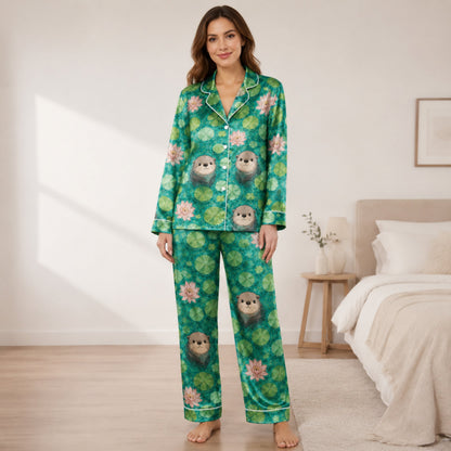 PJ-061-Satin Emerald Otter Pond White Piping Button Up Pajama Set