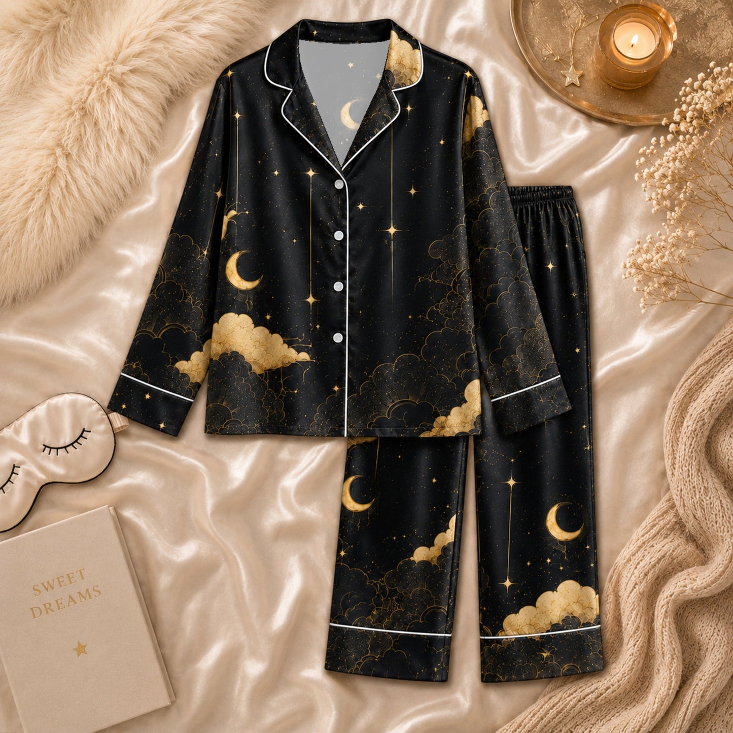 PJ-062-Celestial Silk Pajama Set, Black Gold Crescent Moon Star Print Loungewear Sleepwear