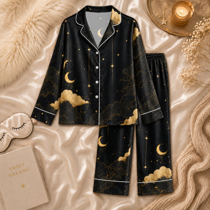 PJ-062-Celestial Silk Pajama Set, Black Gold Crescent Moon Star Print Loungewear Sleepwear