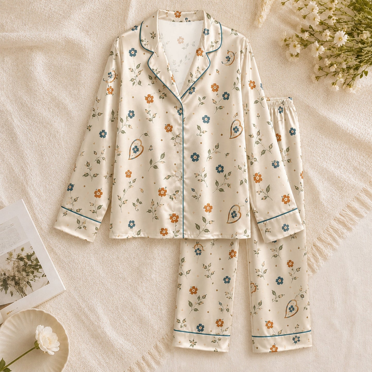 PJ-063-Satin White Autumn Blossom Teal Piping Button Up Pajama Set