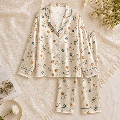 PJ-063-Satin White Autumn Blossom Teal Piping Button Up Pajama Set