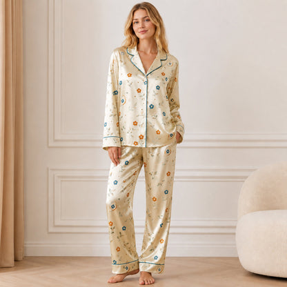 PJ-063-Satin White Autumn Blossom Teal Piping Button Up Pajama Set