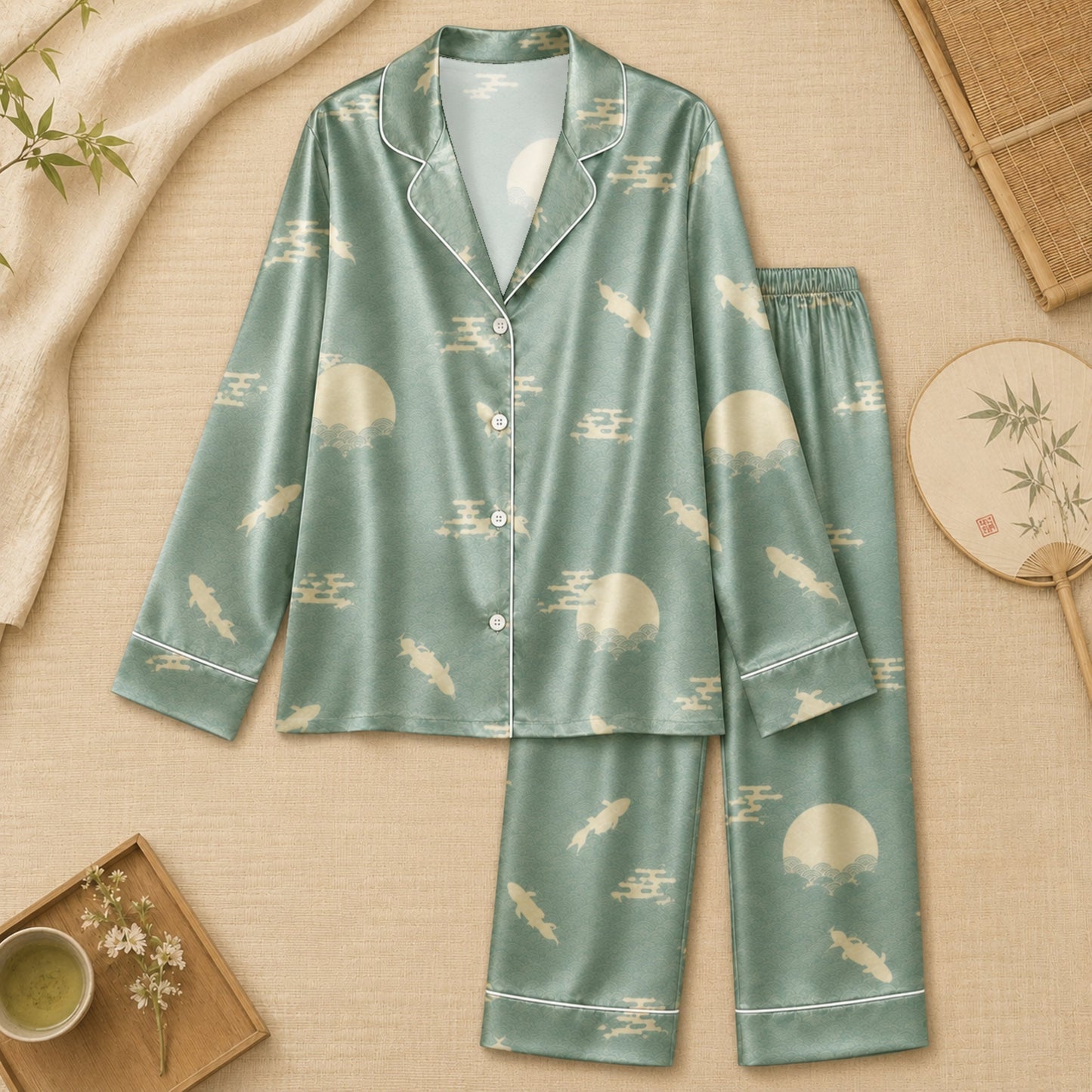 PJ-064-Satin Sage Green Moonlight Koi White Piping Button Up Pajama Set