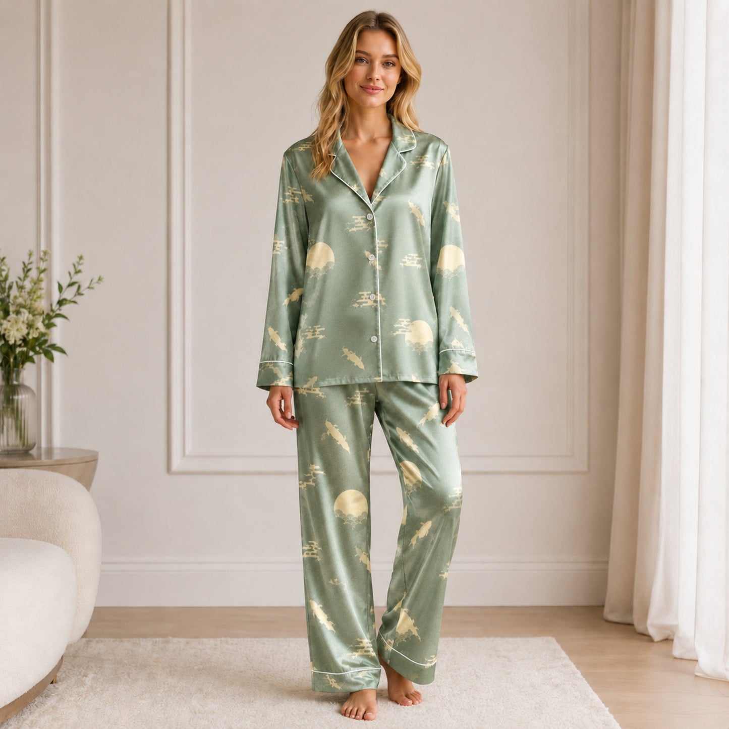 PJ-064-Satin Sage Green Moonlight Koi White Piping Button Up Pajama Set