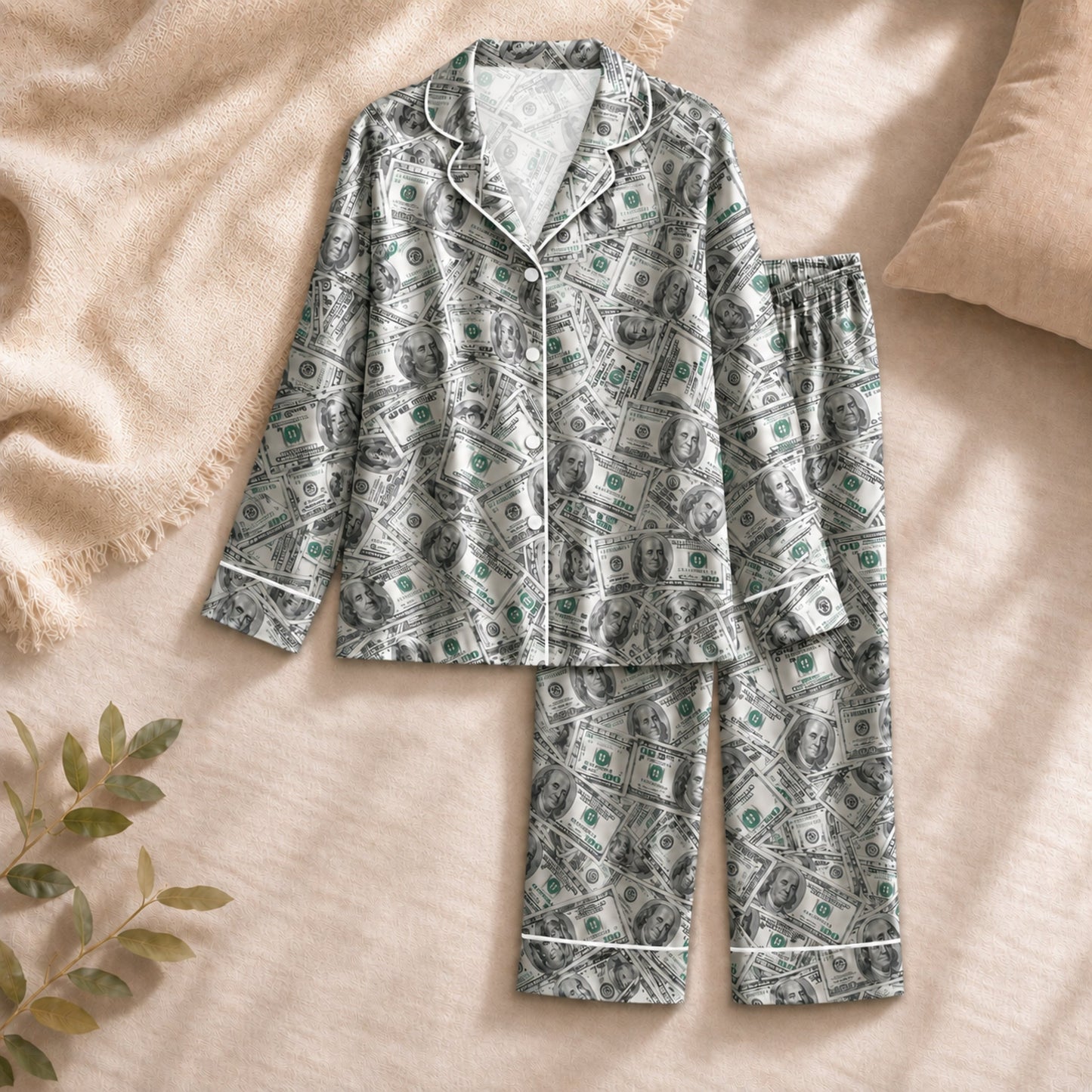 PJ-065-Silk Satin Button-Up Pajama Set Featuring High-Definition Dollar Bill Print