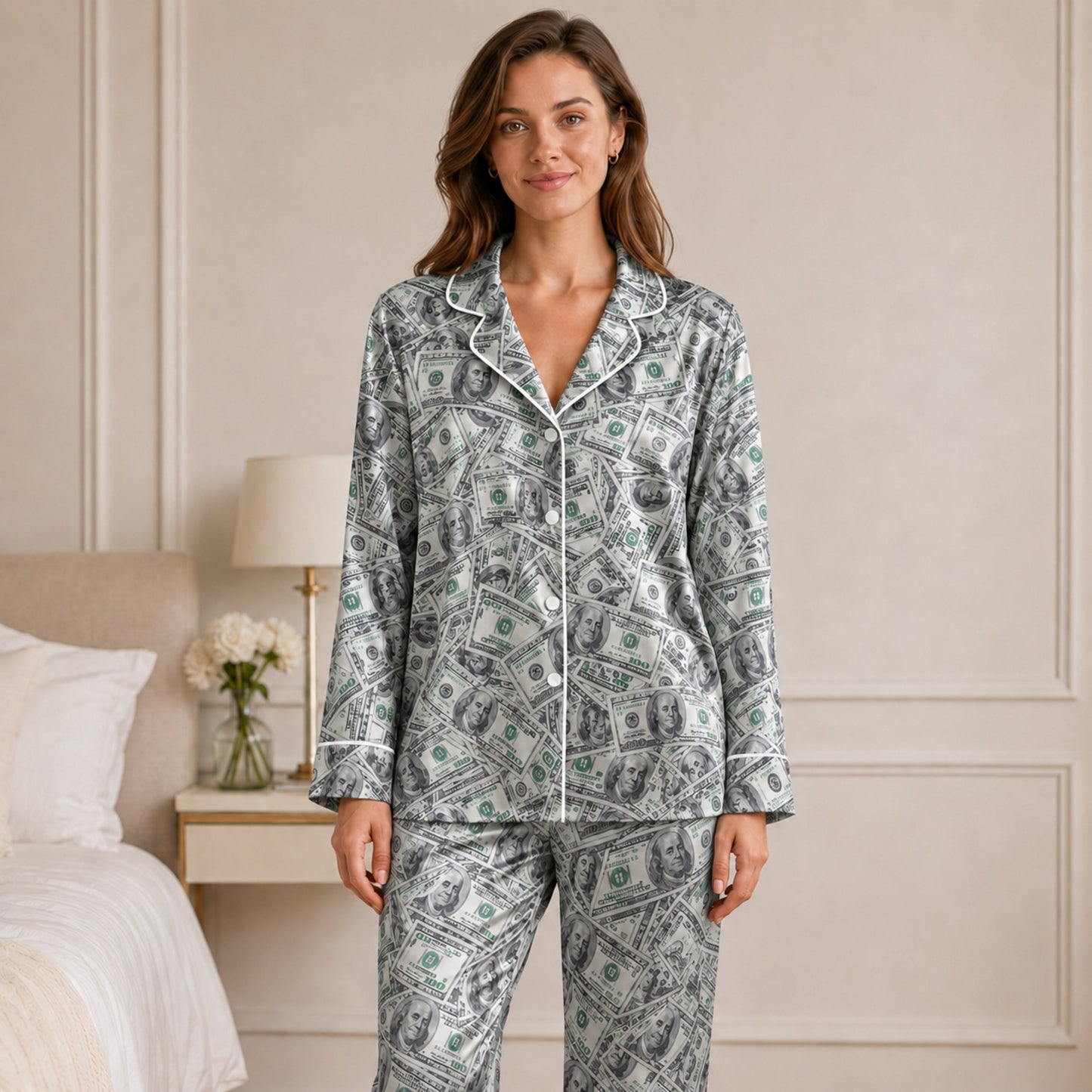 PJ-065-Silk Satin Button-Up Pajama Set Featuring High-Definition Dollar Bill Print
