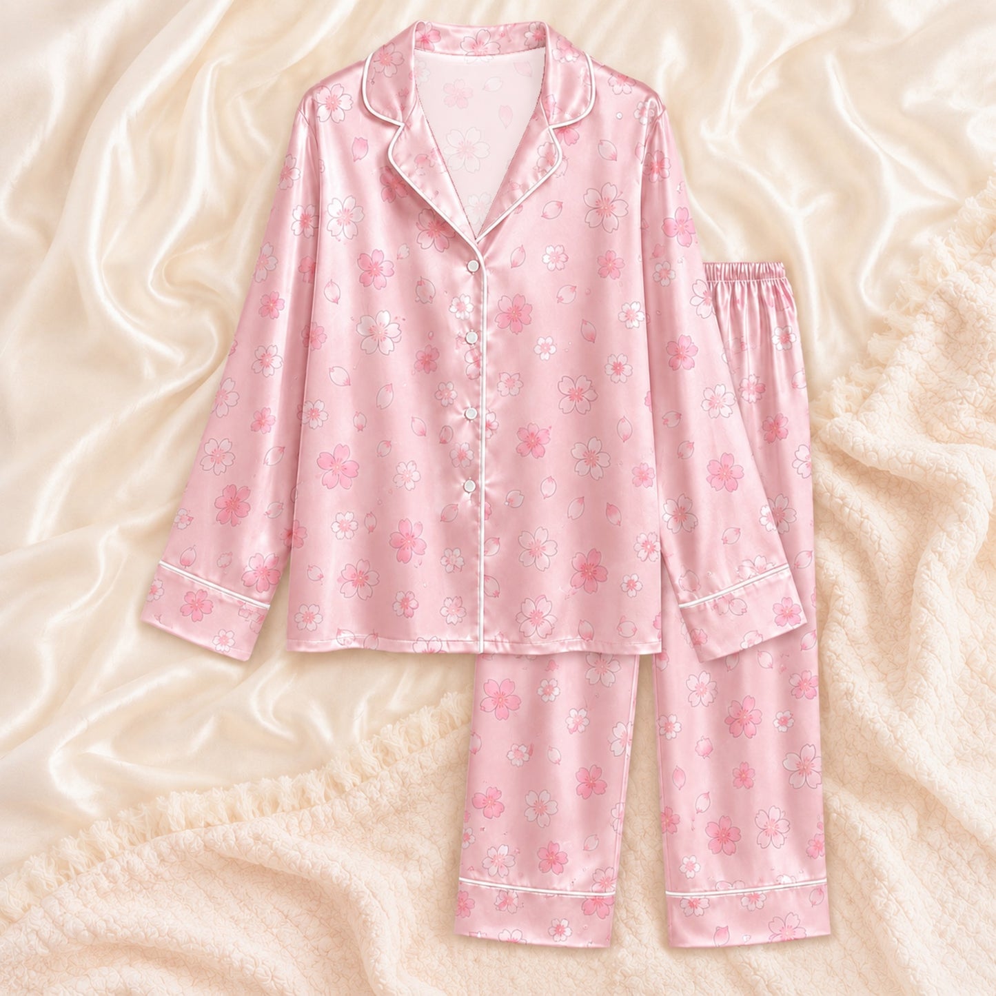 PJ-066-Satin Blush Sakura Bloom White Piping Button Up Pajama Set