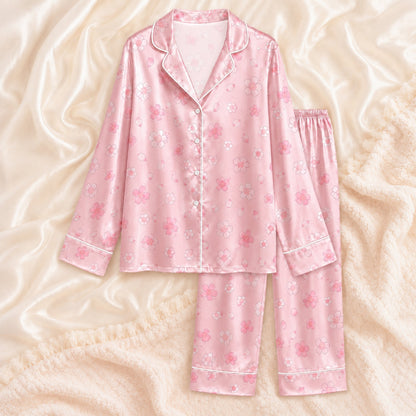 PJ-066-Satin Blush Sakura Bloom White Piping Button Up Pajama Set