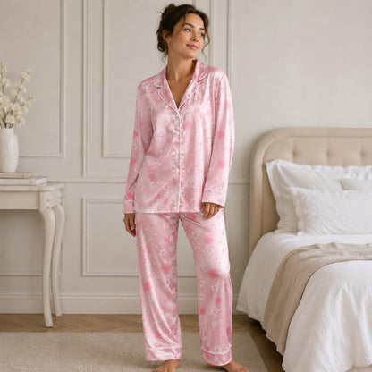 PJ-066-Satin Blush Sakura Bloom White Piping Button Up Pajama Set
