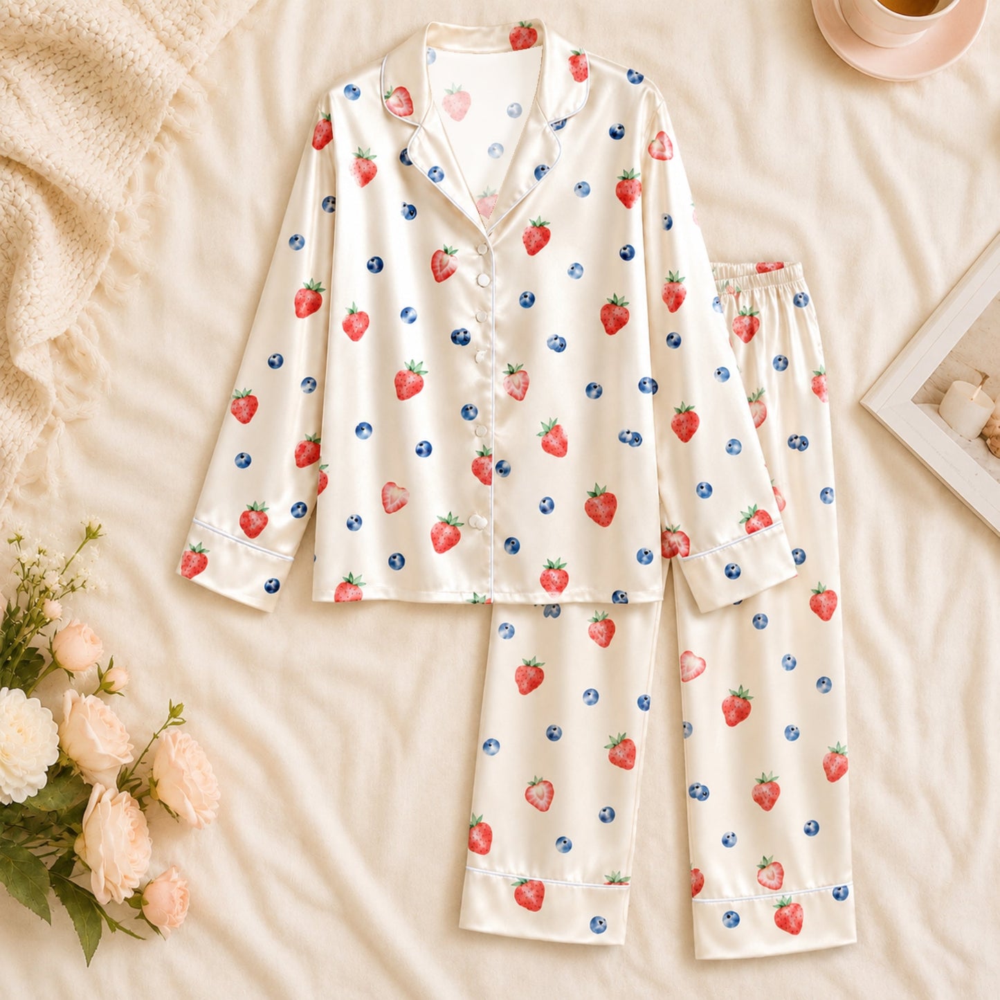 PJ-067-Strawberry and Blueberry Print Pajama Set with Fresh Berry Pattern Artwork Design
