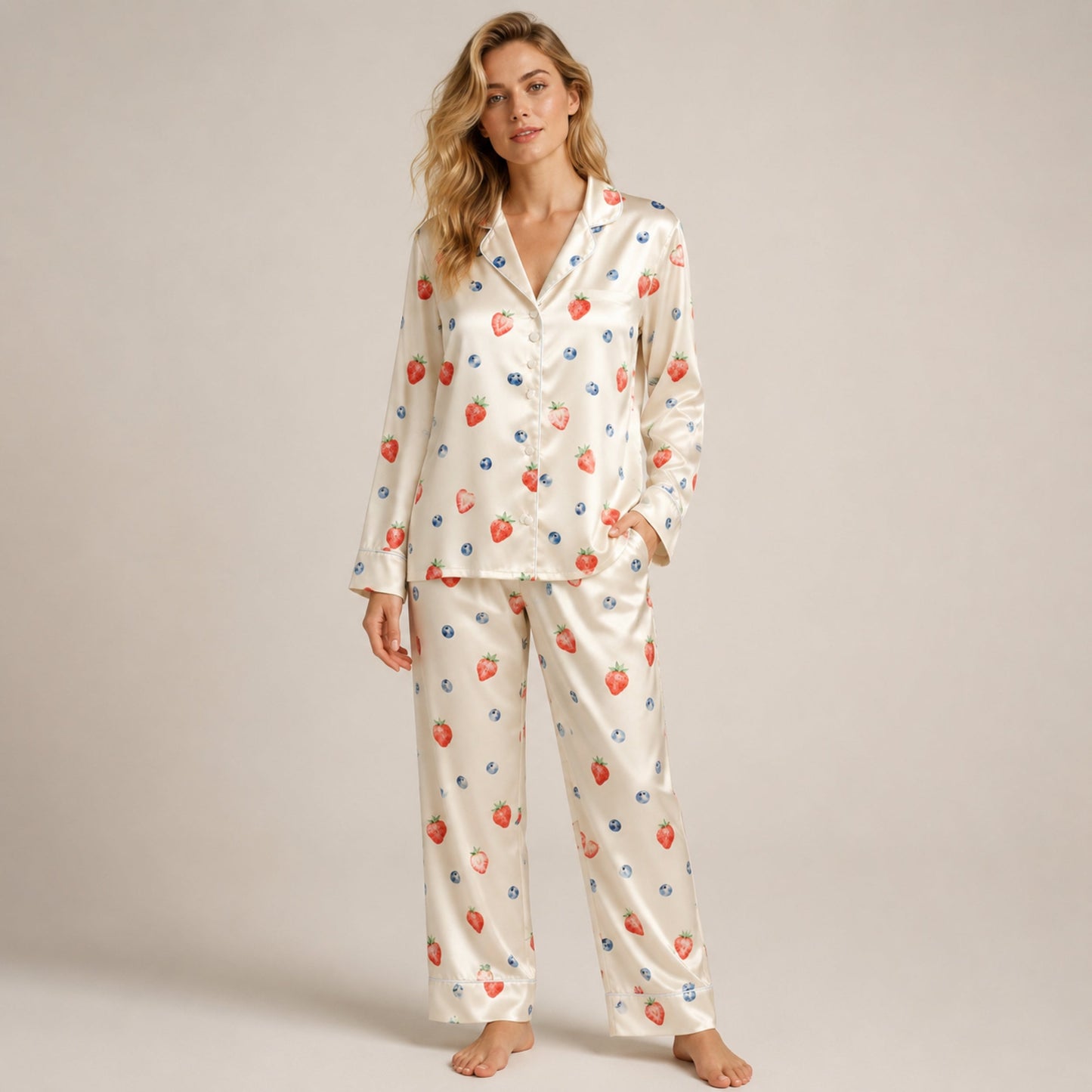 PJ-067-Strawberry and Blueberry Print Pajama Set with Fresh Berry Pattern Artwork Design