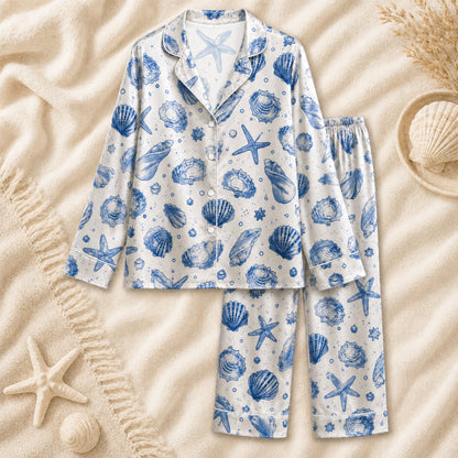 PJ-070-Satin Blue Seashell White Piping Button Up Pajama Set