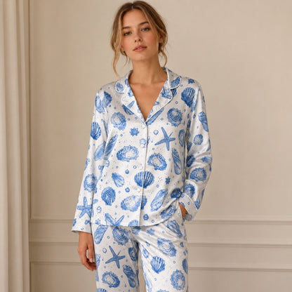 PJ-070-Satin Blue Seashell White Piping Button Up Pajama Set