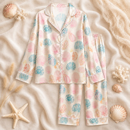 PJ-072-Satin White Pastel Seashell Classic Piping Button Up Pajama Set