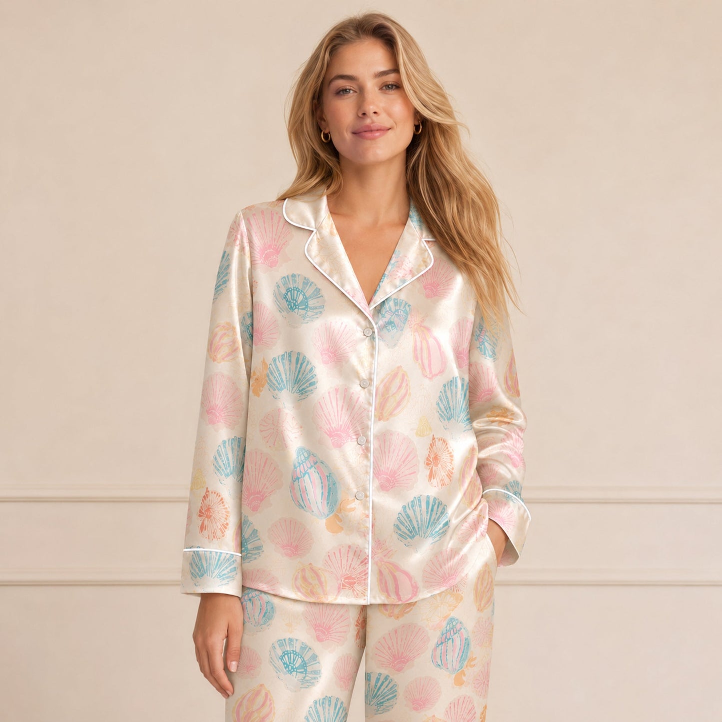 PJ-072-Satin White Pastel Seashell Classic Piping Button Up Pajama Set