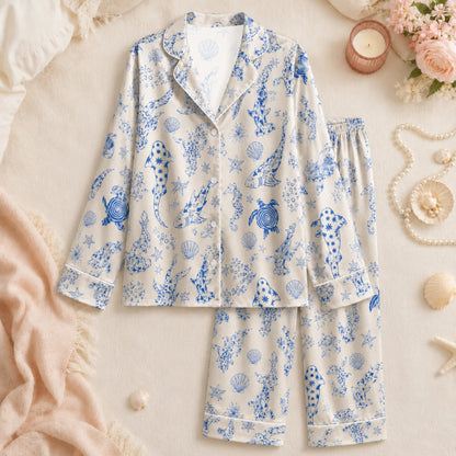 PJ-073-Satin Colorful Marine Life Classic Piping Button Up Pajama Set
