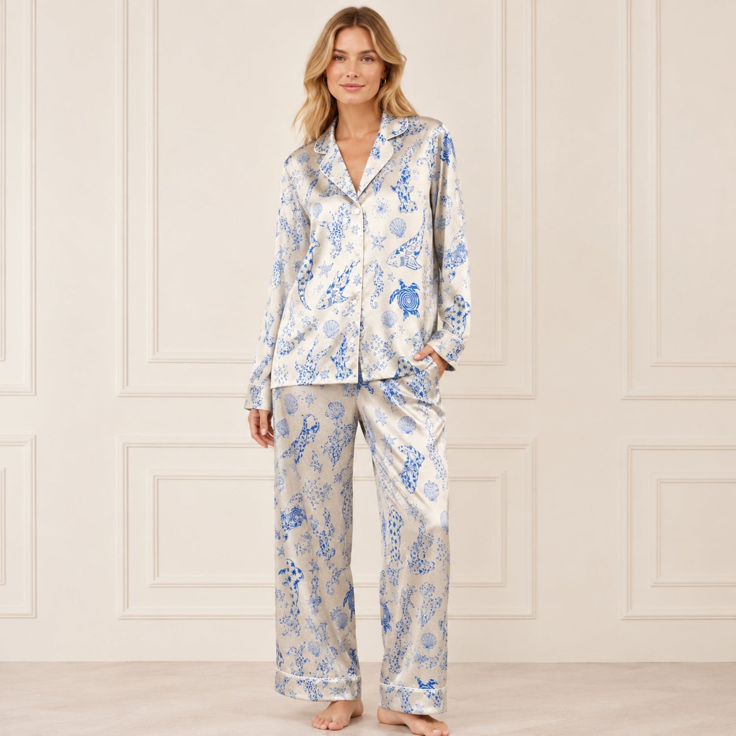 PJ-073-Satin Colorful Marine Life Classic Piping Button Up Pajama Set