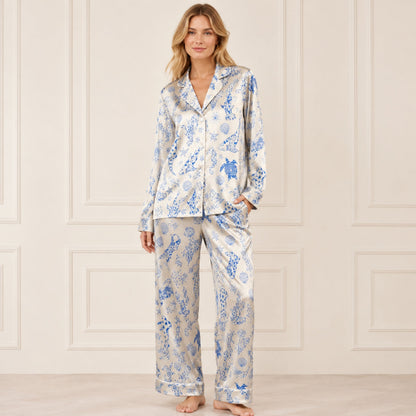 PJ-073-Satin Colorful Marine Life Classic Piping Button Up Pajama Set
