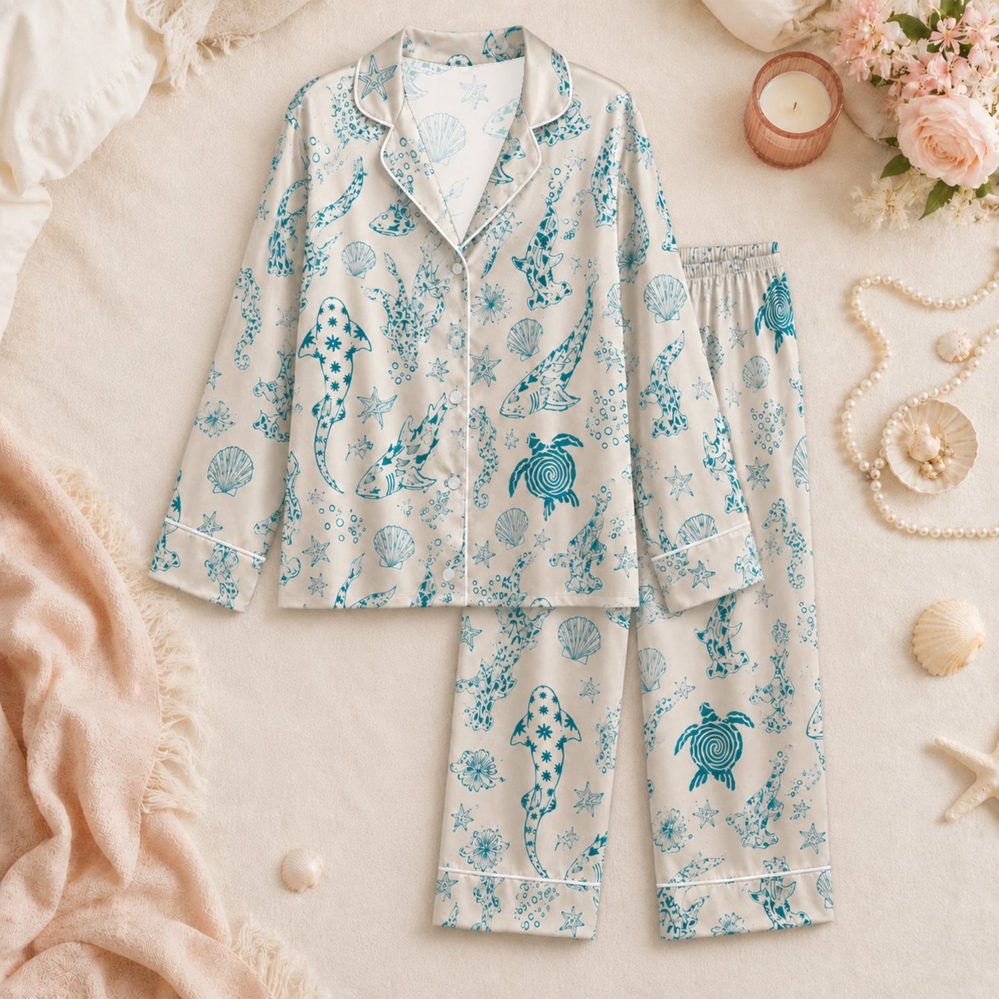 PJ-073-Satin Colorful Marine Life Classic Piping Button Up Pajama Set
