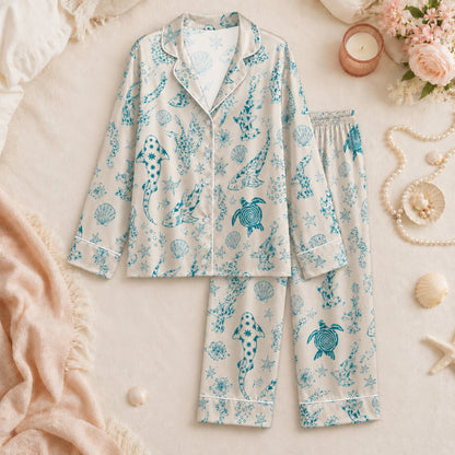 PJ-073-Satin Colorful Marine Life Classic Piping Button Up Pajama Set