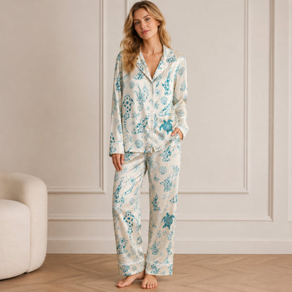 PJ-073-Satin Colorful Marine Life Classic Piping Button Up Pajama Set