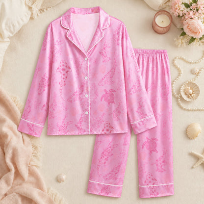 PJ-073-Satin Colorful Marine Life Classic Piping Button Up Pajama Set