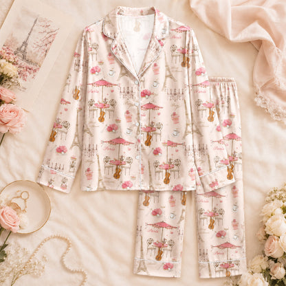 PJ-074-Unisex Pink Paris Eiffel Tower Print Satin Pajamas French Cafe Loungewear Sleepwear Nightwear Pjs Two Piece