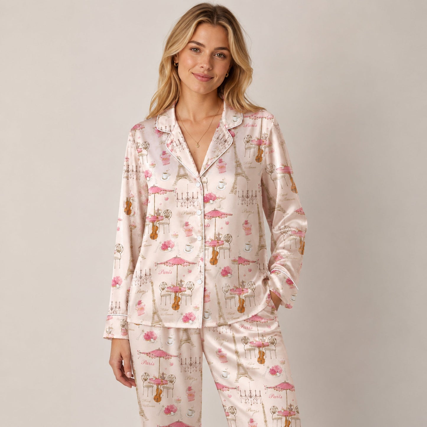 PJ-074-Unisex Pink Paris Eiffel Tower Print Satin Pajamas French Cafe Loungewear Sleepwear Nightwear Pjs Two Piece