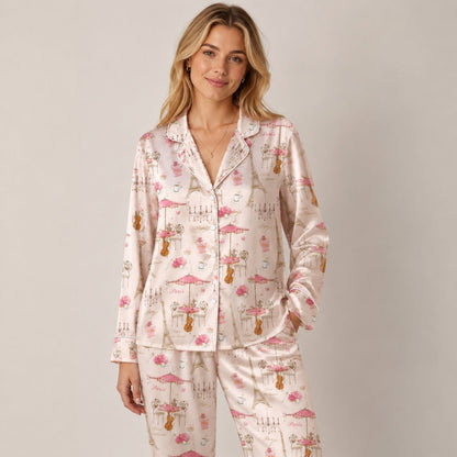 PJ-074-Unisex Pink Paris Eiffel Tower Print Satin Pajamas French Cafe Loungewear Sleepwear Nightwear Pjs Two Piece