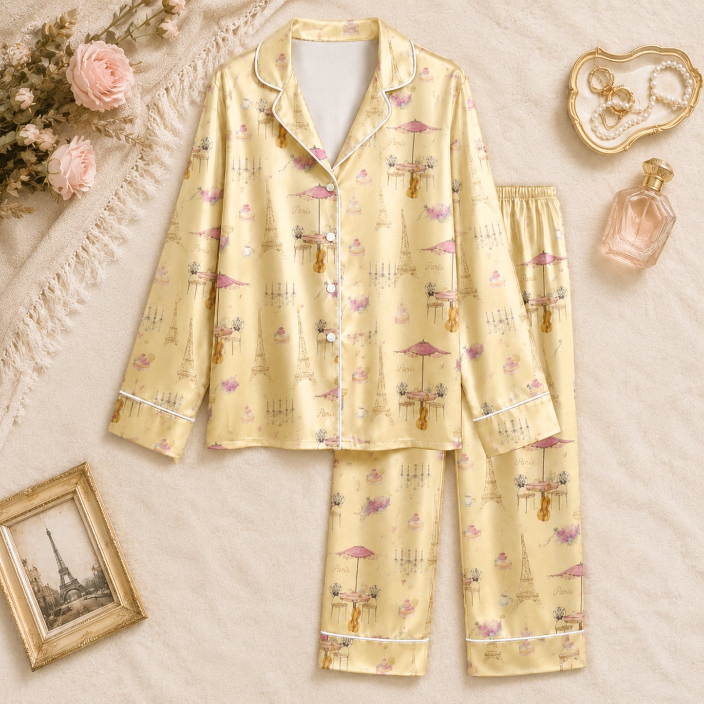PJ-075-Unisex Yellow Paris Eiffel Tower Print Satin Pajamas French Cafe Loungewear Sleepwear Nightwear Pjs Two Piece