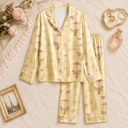 PJ-075-Unisex Yellow Paris Eiffel Tower Print Satin Pajamas French Cafe Loungewear Sleepwear Nightwear Pjs Two Piece