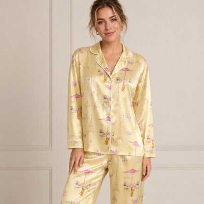 PJ-075-Unisex Yellow Paris Eiffel Tower Print Satin Pajamas French Cafe Loungewear Sleepwear Nightwear Pjs Two Piece