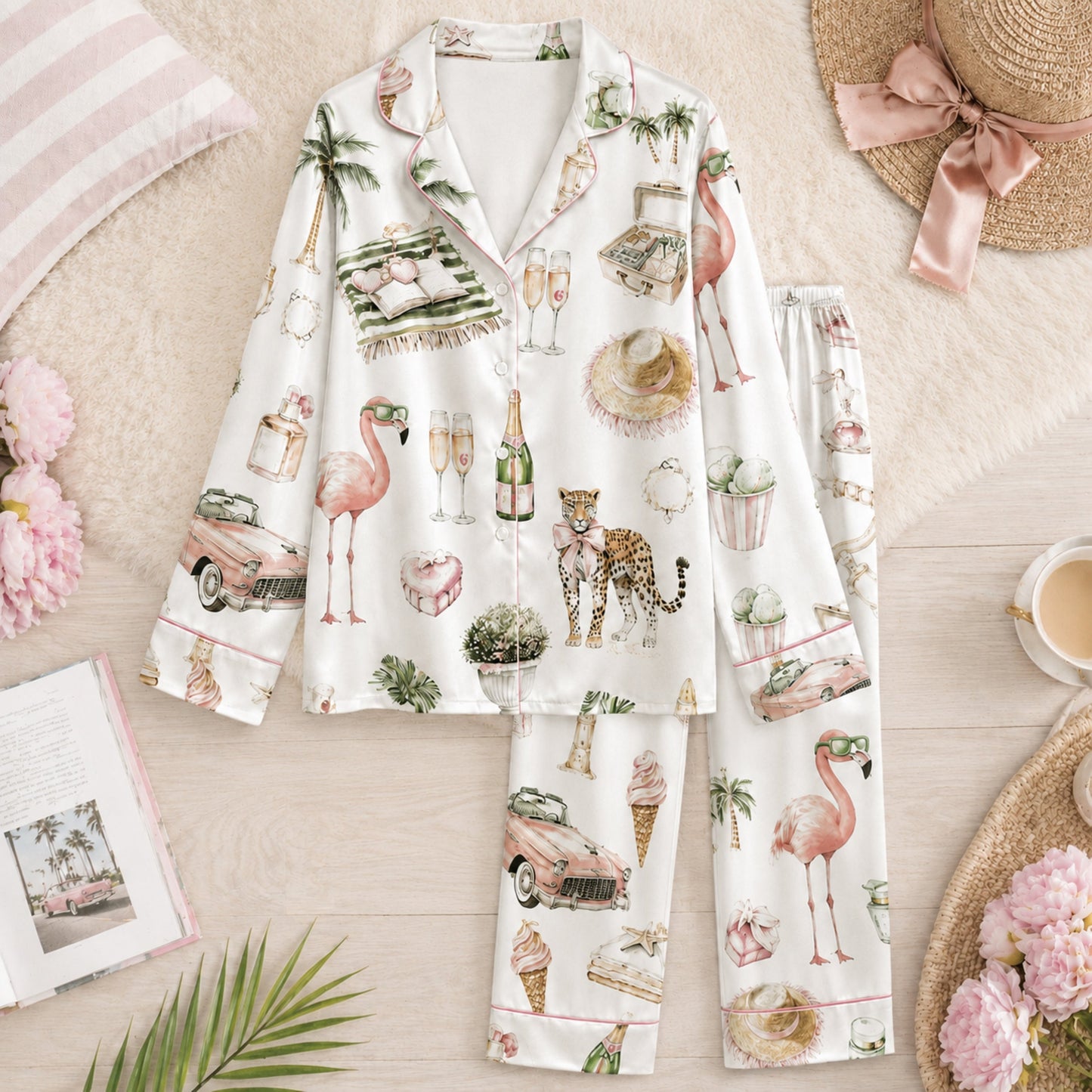 PJ-076-Satin White Retro Flamingo Pink Piping Button Up Pajama Set