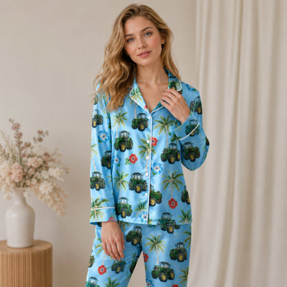 PJ-077-Unisex Blue Green Tractor Print Satin Pajamas Palm Tree Tropical Loungewear Sleepwear Nightwear Pjs Two Piece