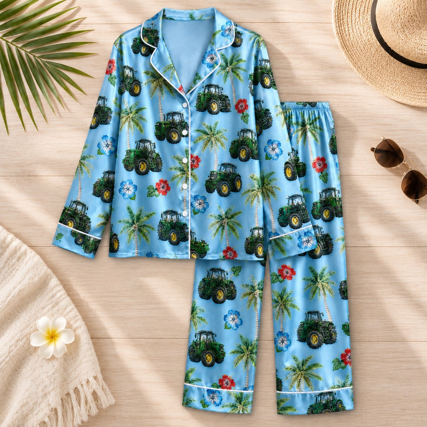 PJ-077-Unisex Blue Green Tractor Print Satin Pajamas Palm Tree Tropical Loungewear Sleepwear Nightwear Pjs Two Piece