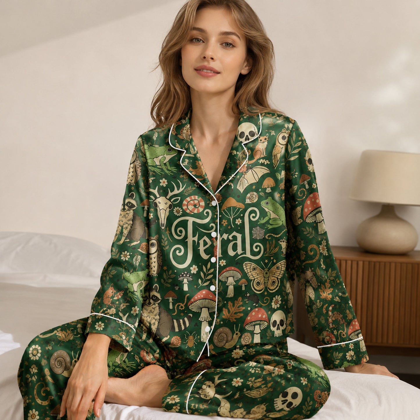 PJ-078-Feral Forest Pajama Set Featuring Woodland Animals, Mushrooms, Skulls, and Mystical Nature Print