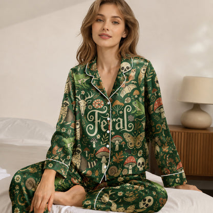 PJ-078-Feral Forest Pajama Set Featuring Woodland Animals, Mushrooms, Skulls, and Mystical Nature Print