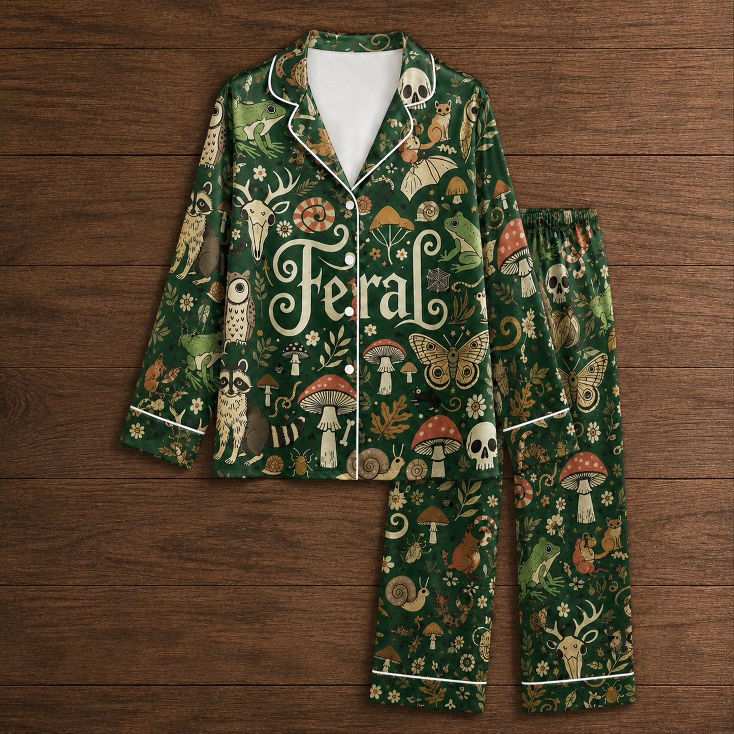 PJ-078-Feral Forest Pajama Set Featuring Woodland Animals, Mushrooms, Skulls, and Mystical Nature Print