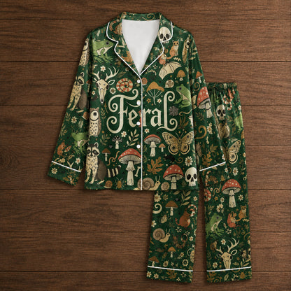 PJ-078-Feral Forest Pajama Set Featuring Woodland Animals, Mushrooms, Skulls, and Mystical Nature Print