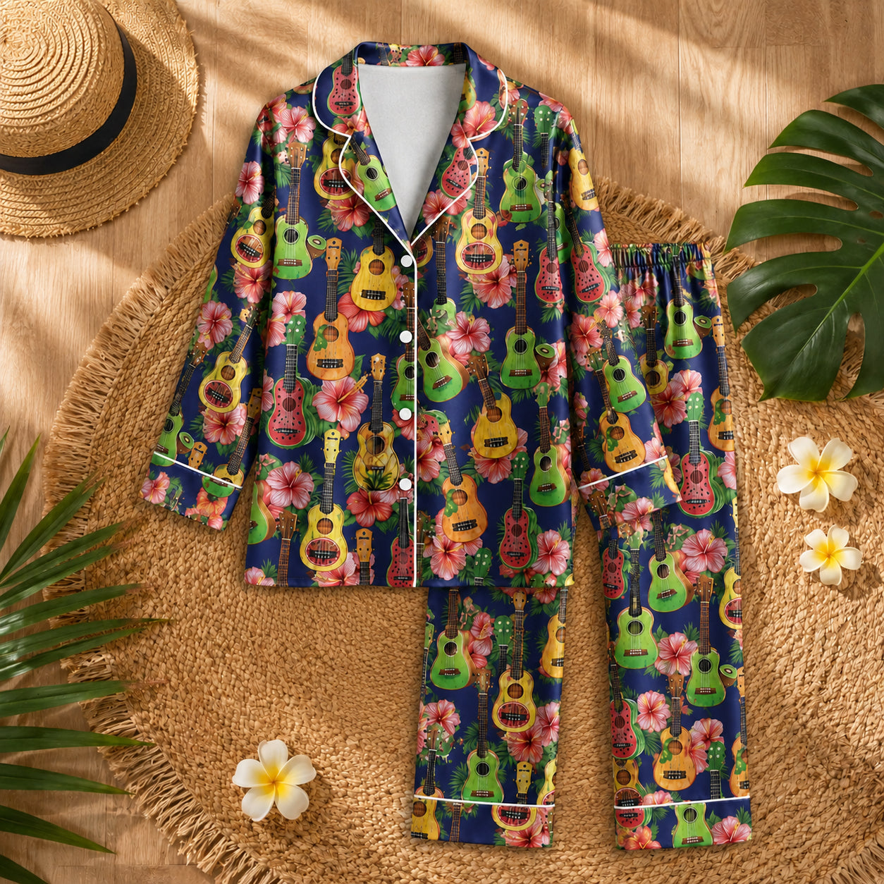 PJ-079-Colorful Ukulele Pajama Set Featuring Hibiscus Flowers and Tropical Summer Pattern Design