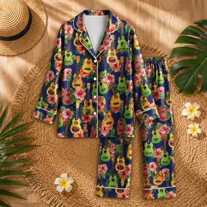 PJ-079-Colorful Ukulele Pajama Set Featuring Hibiscus Flowers and Tropical Summer Pattern Design