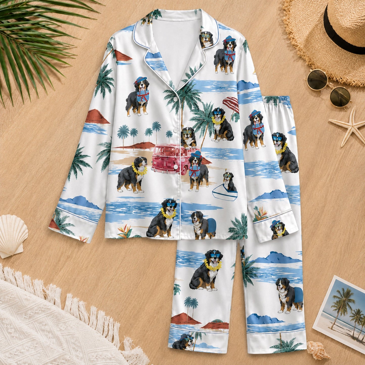 PJ-081-Tropical Dog Pajama Set with Sunglasses Dogs, Vintage Car, and Summer Beach Artwork