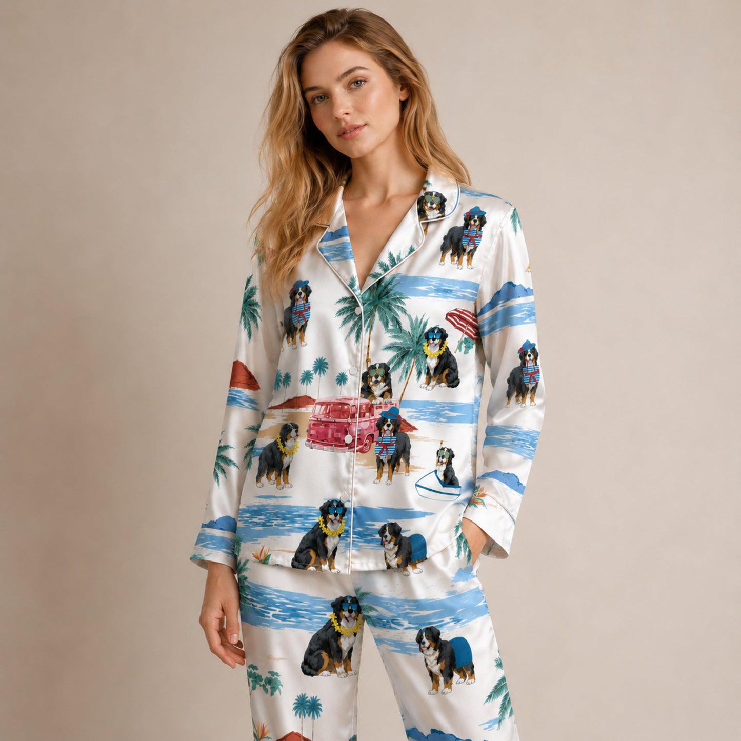 PJ-081-Tropical Dog Pajama Set with Sunglasses Dogs, Vintage Car, and Summer Beach Artwork