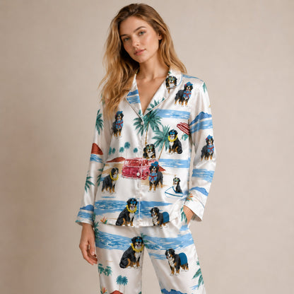 PJ-081-Tropical Dog Pajama Set with Sunglasses Dogs, Vintage Car, and Summer Beach Artwork