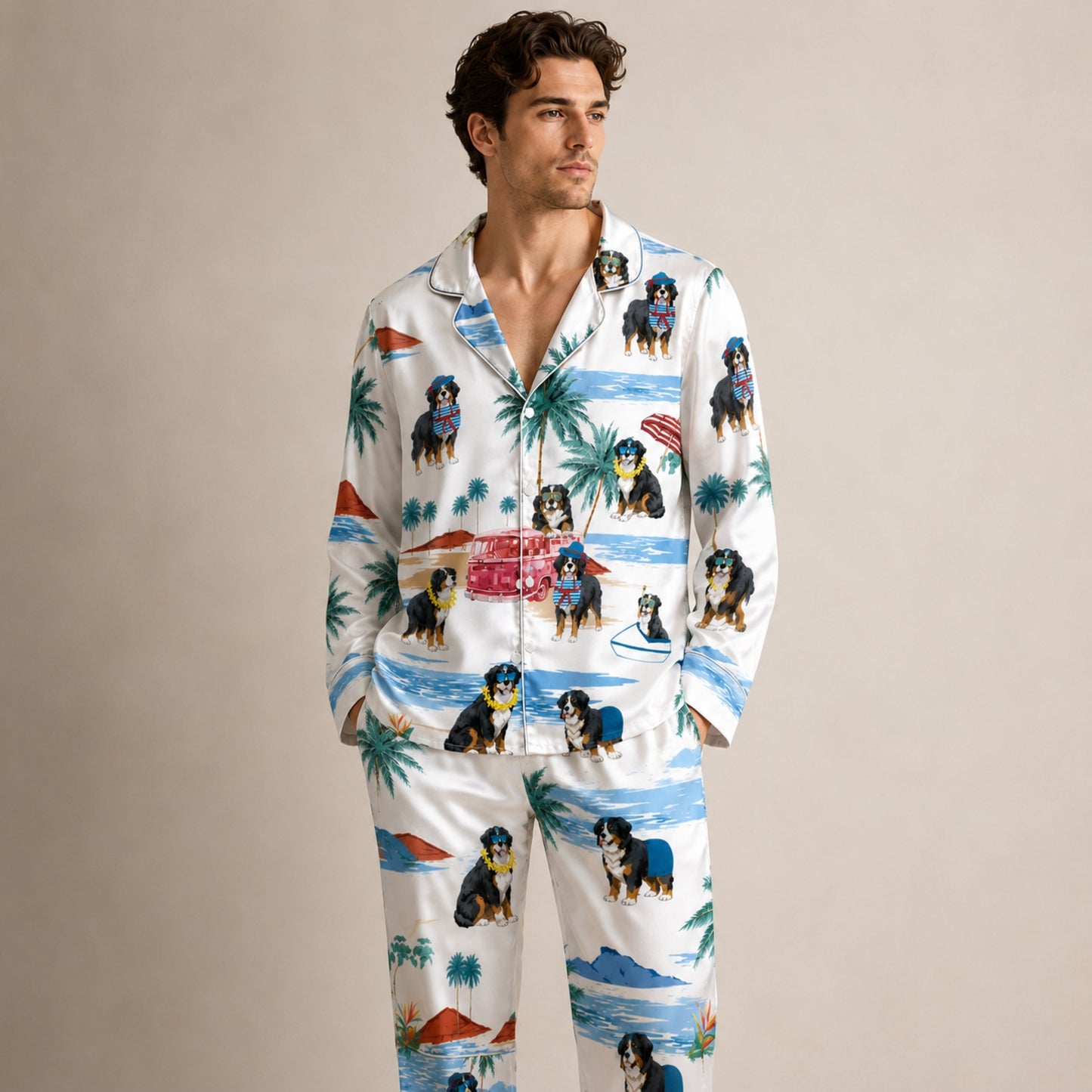 PJ-081-Tropical Dog Pajama Set with Sunglasses Dogs, Vintage Car, and Summer Beach Artwork