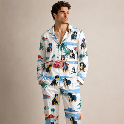 PJ-081-Tropical Dog Pajama Set with Sunglasses Dogs, Vintage Car, and Summer Beach Artwork