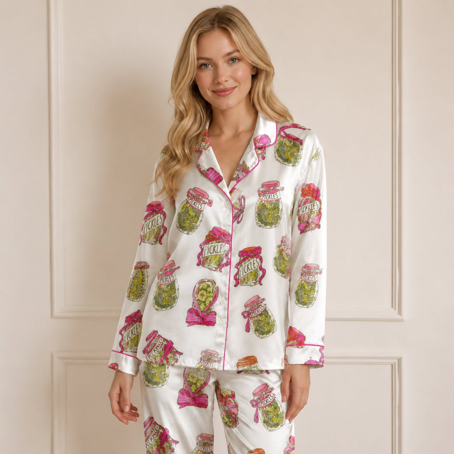 PJ-082-Pickle Jar Pajama Set with Vintage Mason Jar Labels and Food-Themed Novelty Pattern