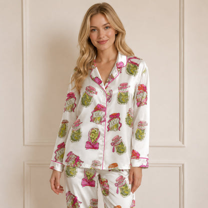 PJ-082-Pickle Jar Pajama Set with Vintage Mason Jar Labels and Food-Themed Novelty Pattern