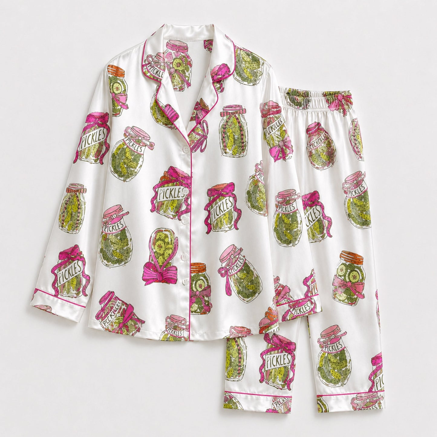 PJ-082-Pickle Jar Pajama Set with Vintage Mason Jar Labels and Food-Themed Novelty Pattern