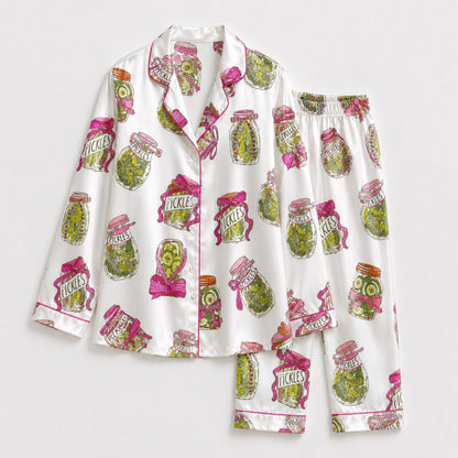 PJ-082-Pickle Jar Pajama Set with Vintage Mason Jar Labels and Food-Themed Novelty Pattern